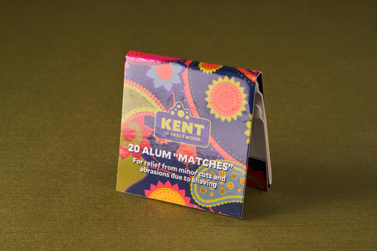 Kent of Inglewood Alum Matches: A matchbook-style packet of 20 alum rods for stopping shaving nicks, designed for convenient use in travel or barbershops.