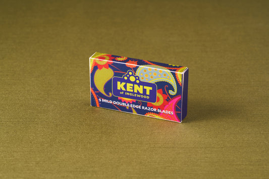 Kent of Inglewood Mild Razor Blades box with vibrant paisley pattern, promising irritation-free shaves for sensitive skin, suitable for all hair types and standard safety razors.
