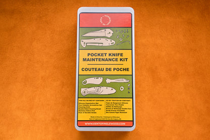 Rectangular tin labeled “Kent of Inglewood Pocket Knife Care Kit” featuring knife illustrations, bilingual English-French text, and information on included and excluded items—ideal for pocket knives and comes with detailing swabs—all set against an orange background.