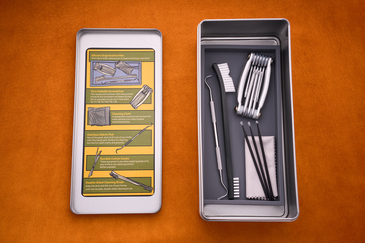 The Kent of Inglewood Pocket Knife Care Kit is shown in a metal box containing cleaning tools, brushes, tweezers, detailing swabs, and a cloth on the right side; the inside of the left lid features illustrated instructions for using the kit—all set against an orange background.