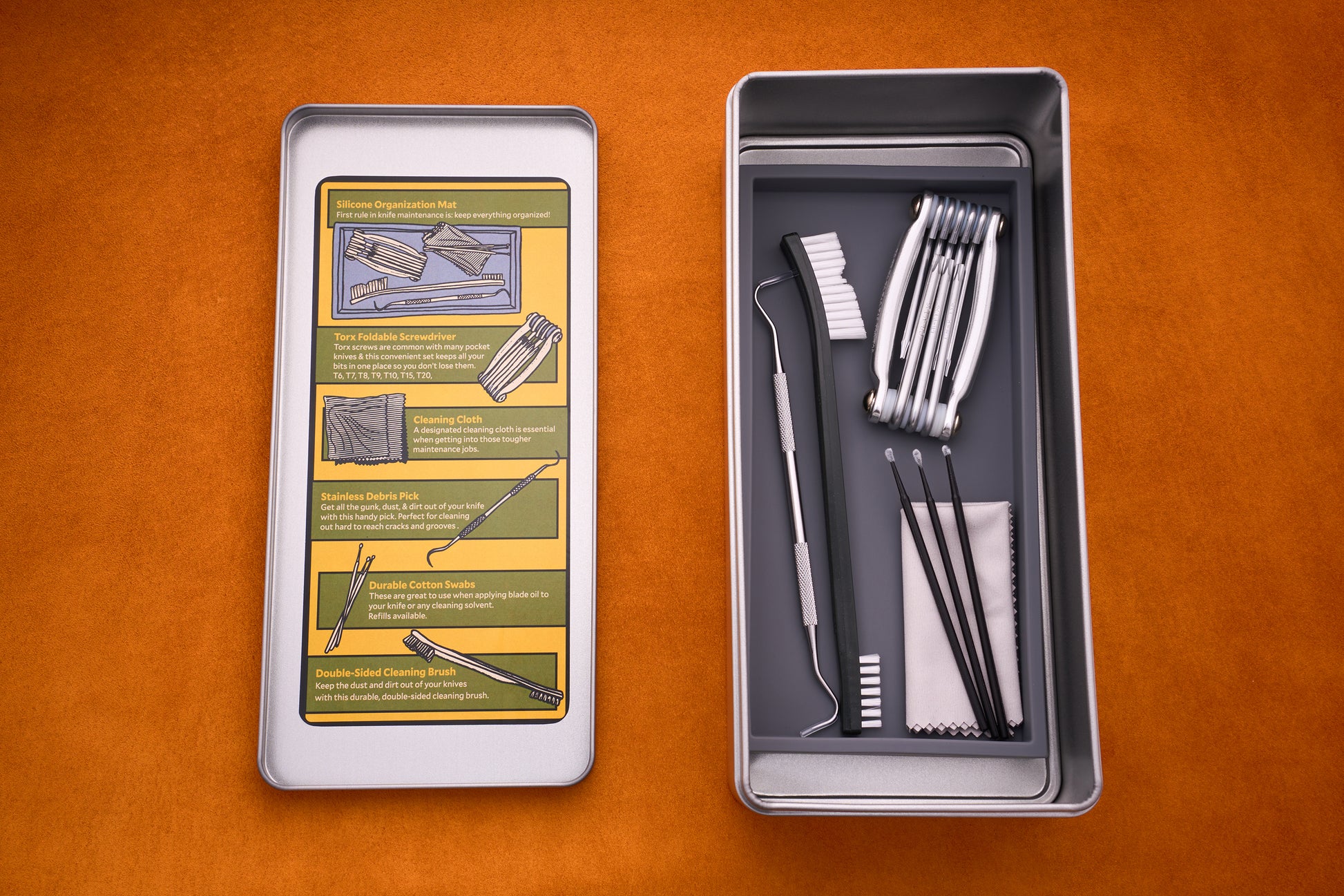 The Kent of Inglewood Pocket Knife Care Kit is shown in a metal box containing cleaning tools, brushes, tweezers, detailing swabs, and a cloth on the right side; the inside of the left lid features illustrated instructions for using the kit—all set against an orange background.