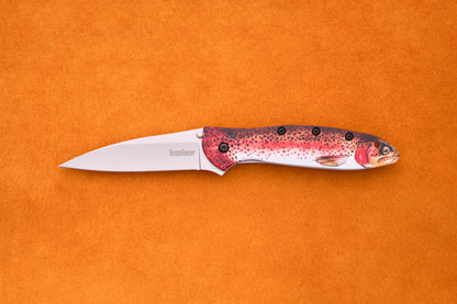 The Kershaw Leek Rainbow Trout, with its silver blade and handle adorned with a vibrant fish motif, is displayed against an orange background—making it a standout EDC knife for any collection.