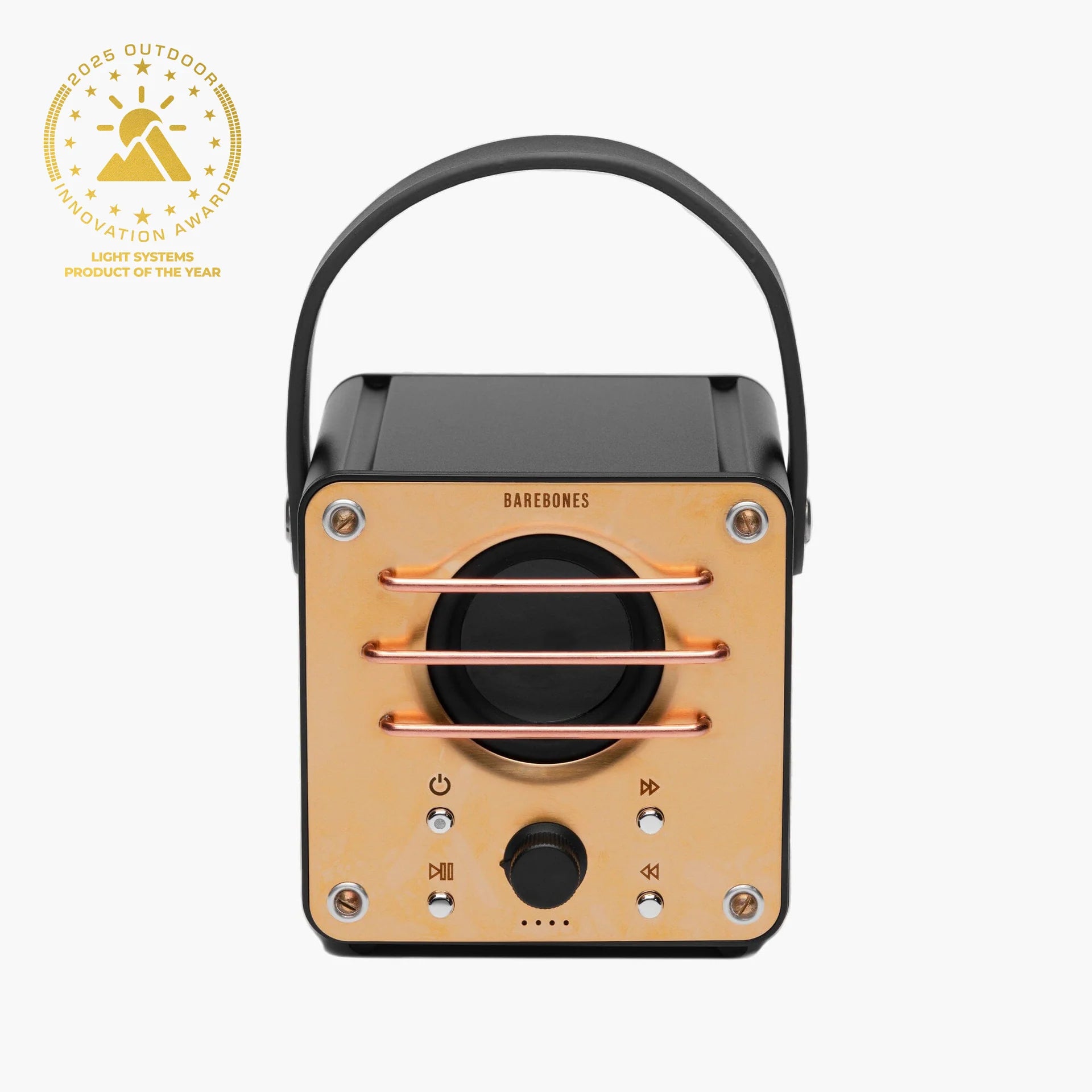 Barebones Block Tower Speaker: Portable Bluetooth speaker with built-in lantern, copper controls, and leather handle, ideal for enhancing outdoor experiences.