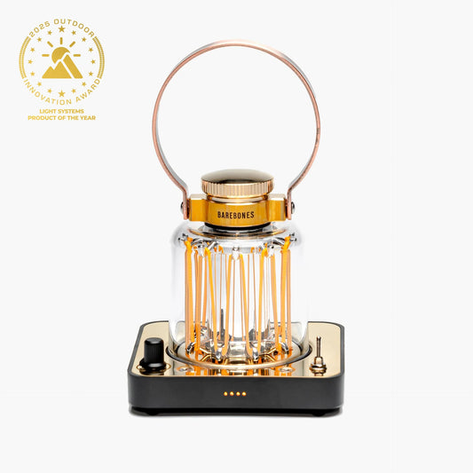 Barebones Block Tower Lantern with amber LED filaments, brass cap, and rotary dimmer, honored as 2025 Outdoor Innovation Award winner for Light Systems.