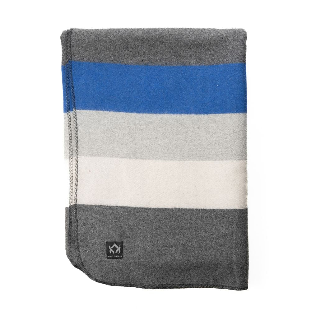Striped blanket with gray, blue, and white colors on a white background