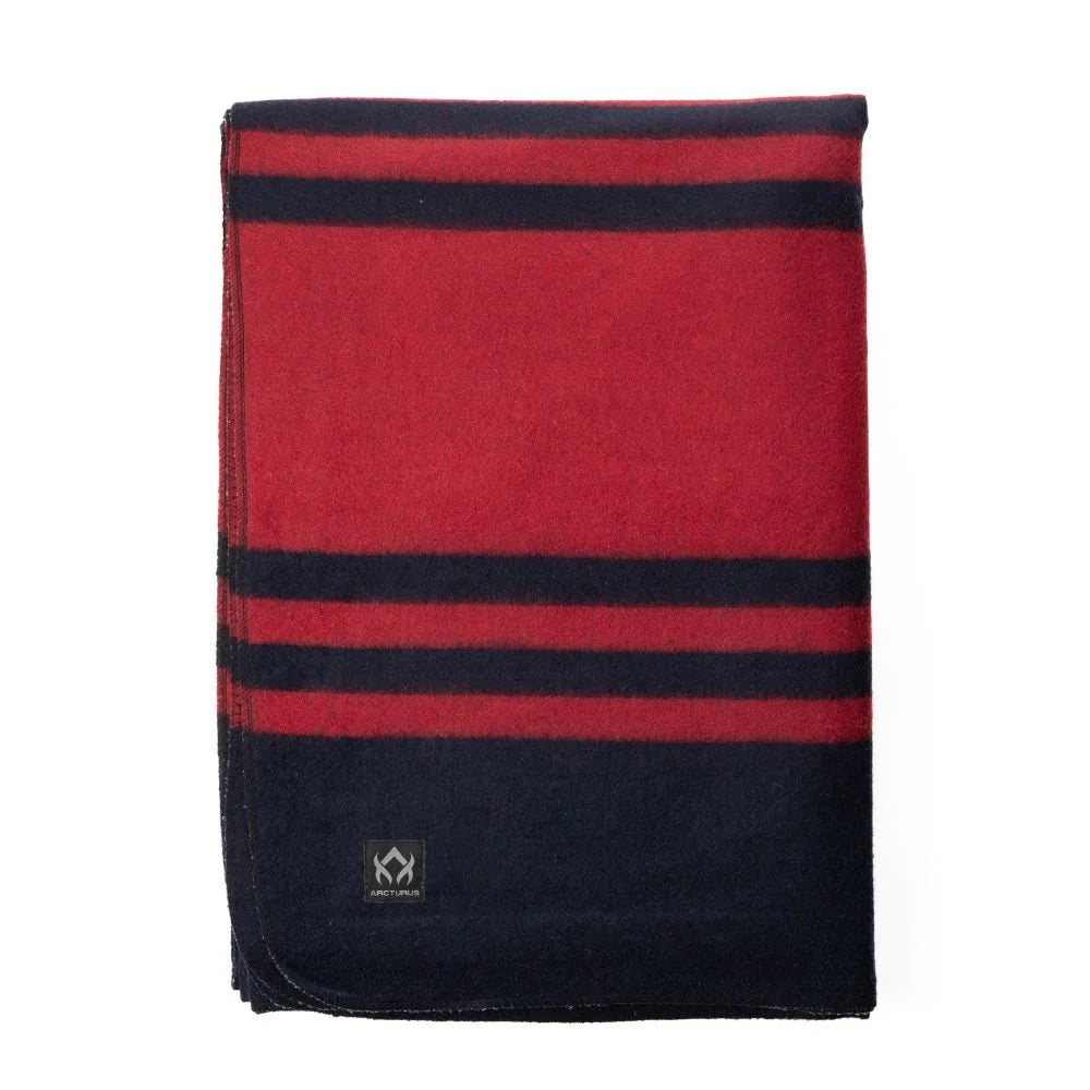 Arcturus Rainier Wool Blanket, folded with red and dark-navy stripes, features a small Arcturus label. Ideal for camping and outdoor use, durable and washable.