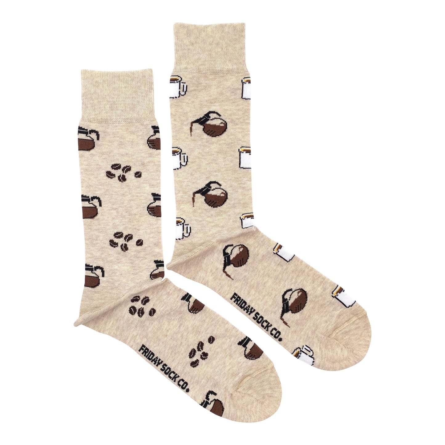 Friday Sock Co. Coffee & Beans crew-length socks with coffee-themed icons, featuring FRIDAY SOCK CO. text on sole, designed in Canada, ethically made in Italy.