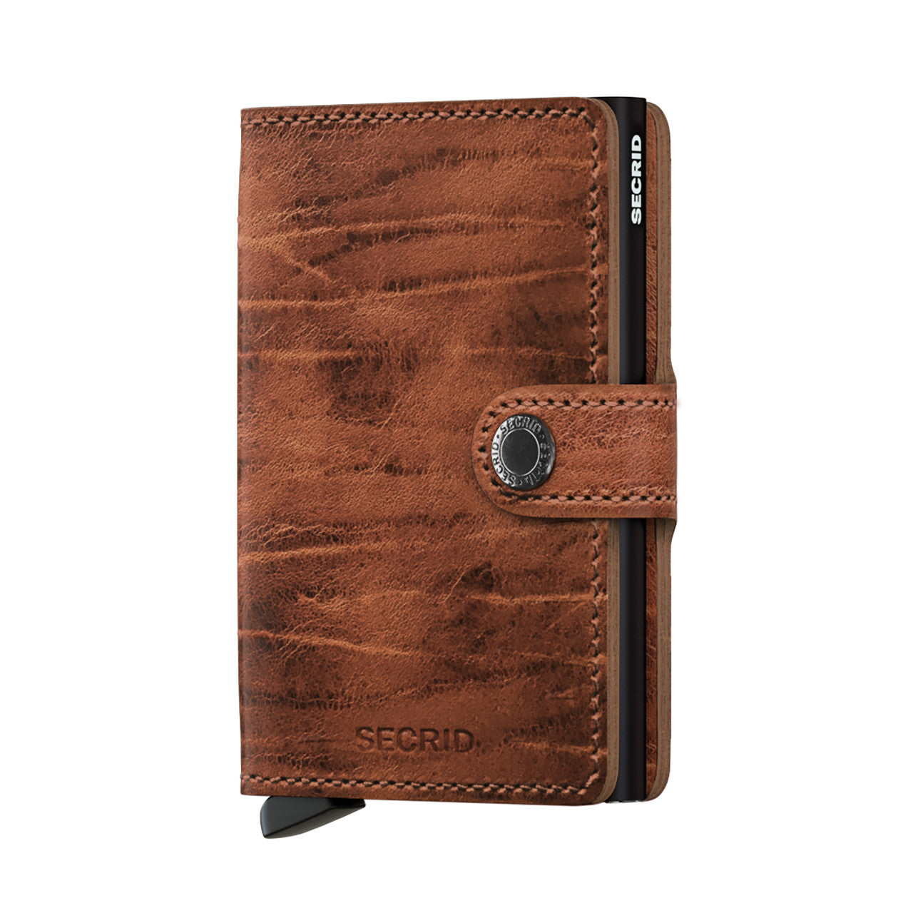 Secrid Wallets Miniwallet - Dutch Martin, a compact brown leather wallet with a snap-button strap and card-protector mechanism for secure card access and storage.