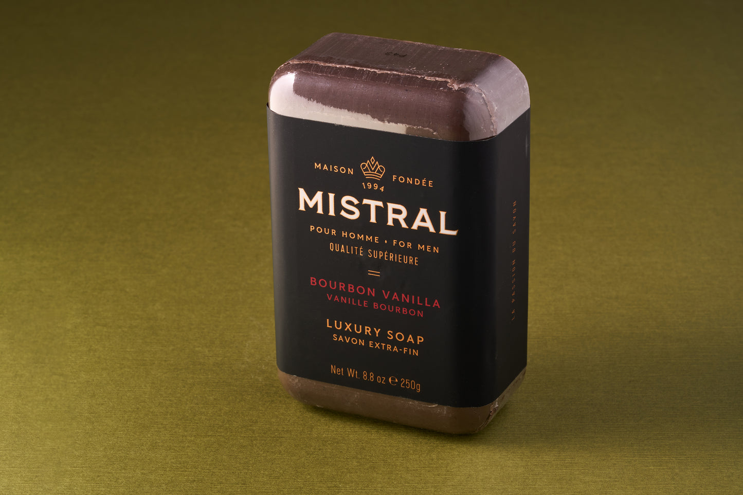 Mistral For Men Bourbon Vanilla Bar Soap, luxury triple-milled, features rich vanilla fragrance with hints of wood and caramel. Perfect for a refined, smooth shaving experience.
