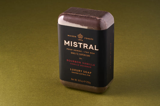 Mistral For Men Bourbon Vanilla Bar Soap, luxury triple-milled, features rich vanilla fragrance with hints of wood and caramel. Perfect for a refined, smooth shaving experience.