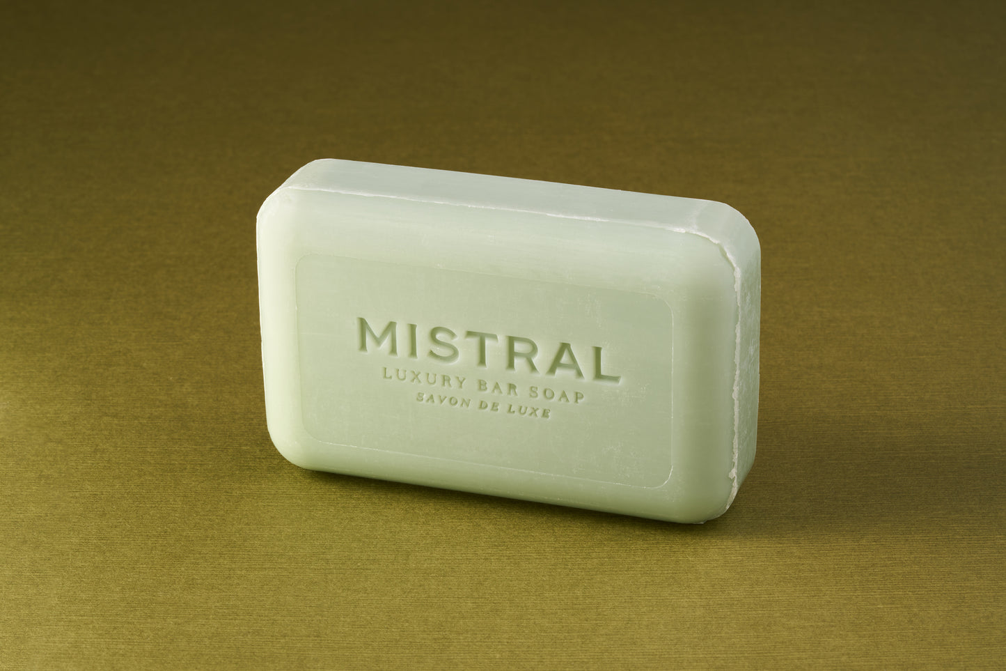 Mistral Marbles Mint Bar Soap, a luxury triple-milled soap embossed with brand name, offers rich fragrance and smooth lather, embodying classic sophistication.