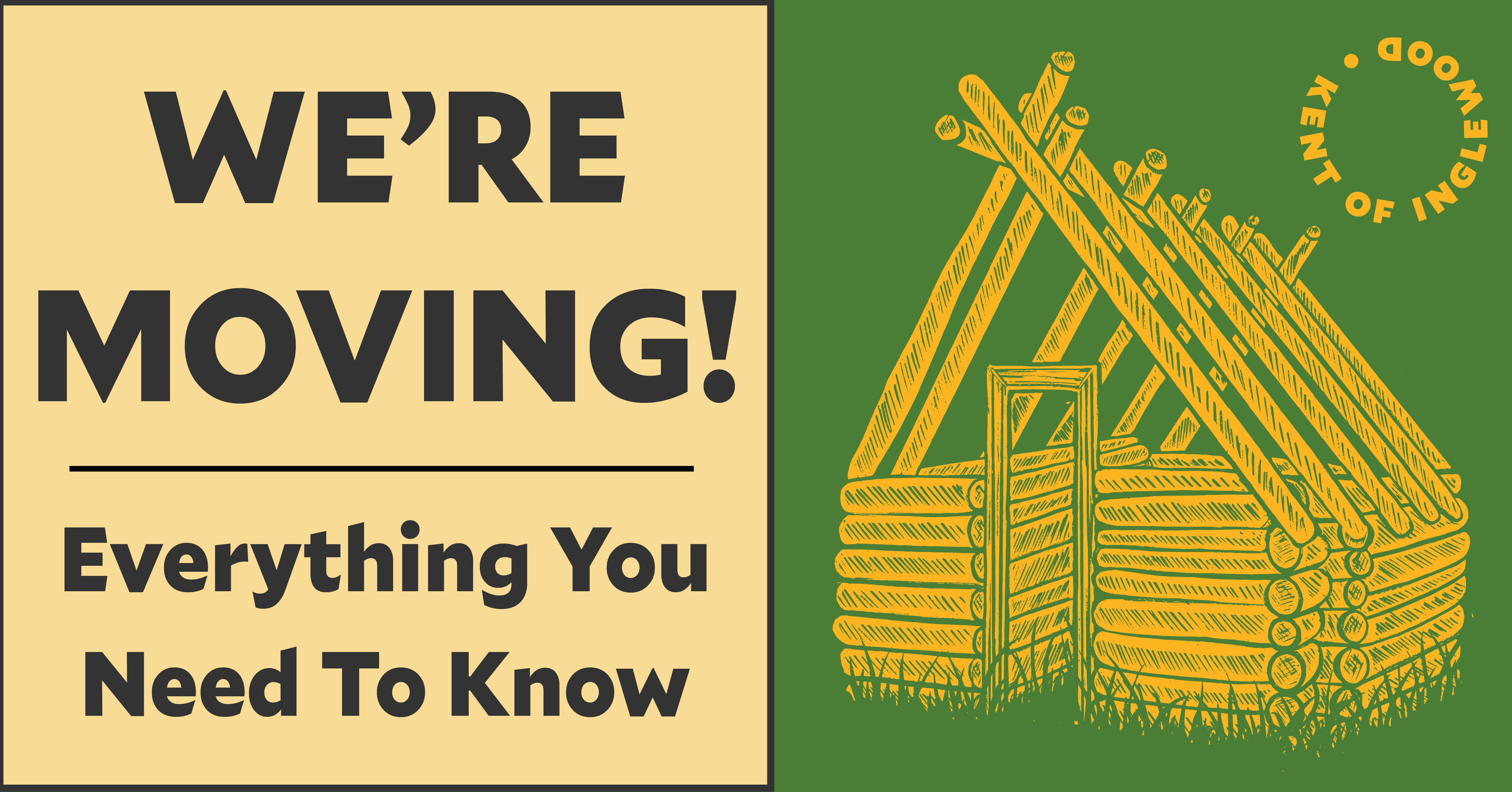 Moving announcement with a wooden house illustration on a green and beige background