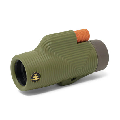 NOCS Provisions Zoom Tube 8x32 Monocular, featuring an olive-green ribbed body and orange focus ring, ideal for outdoor enthusiasts seeking durable, compact optical performance.