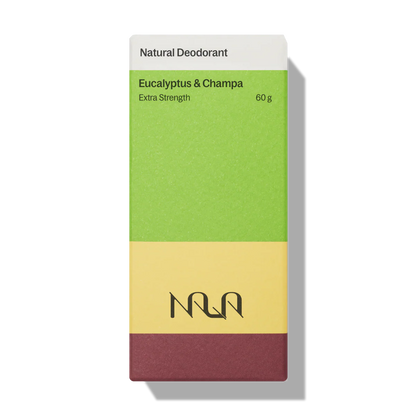 NATU natural deodorant packaging with green, yellow, and maroon colors on a white background