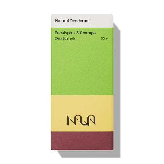 NATU natural deodorant packaging with green, yellow, and maroon colors on a white background