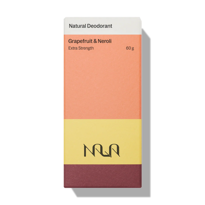 Nala Natural Deodorant in Grapefruit & Neroli scent, 60g, featuring extra-strength formula and minimalist packaging, reflecting a commitment to natural, aluminum-free ingredients.