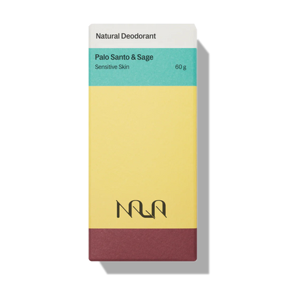 Nala Natural Deodorant box featuring Palo Santo & Sage for sensitive skin, highlighting natural, aluminum-free ingredients and self-care ethos.