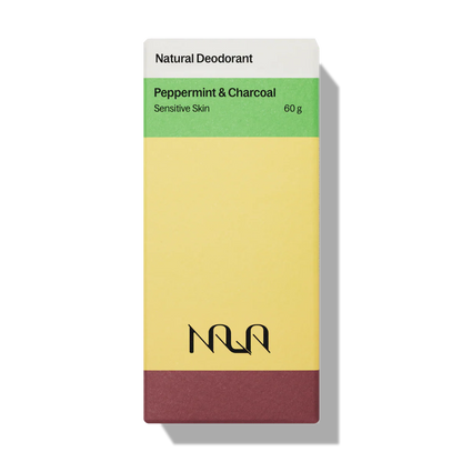 Nala Natural Deodorant packaging features Peppermint & Charcoal for sensitive skin, emphasizing aluminum-free, natural ingredients, aligning with Kent of Inglewood's sustainable self-care ethos.