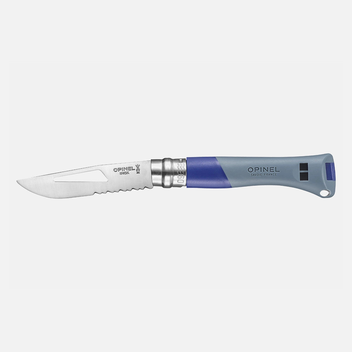 The Opinel No. 9 Ocean is a French pocket knife featuring a partially serrated stainless steel blade, a blue-gray ergonomic handle, a marlinespike, a safety locking ring, and the trusted Opinel brand.