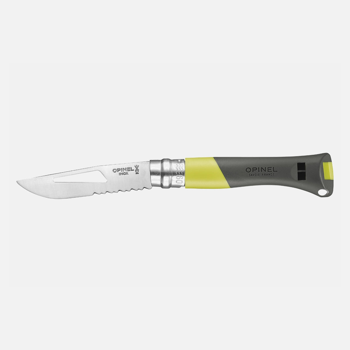 The Opinel No. 9 Ocean is a French pocket knife featuring a partially serrated stainless steel blade and a gray and yellow handle. For added convenience, the handle includes a lanyard hole at the end.