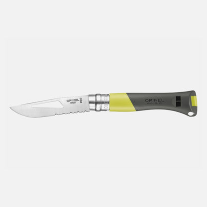 The Opinel No. 9 Ocean is a French pocket knife featuring a partially serrated stainless steel blade and a gray and yellow handle. For added convenience, the handle includes a lanyard hole at the end.