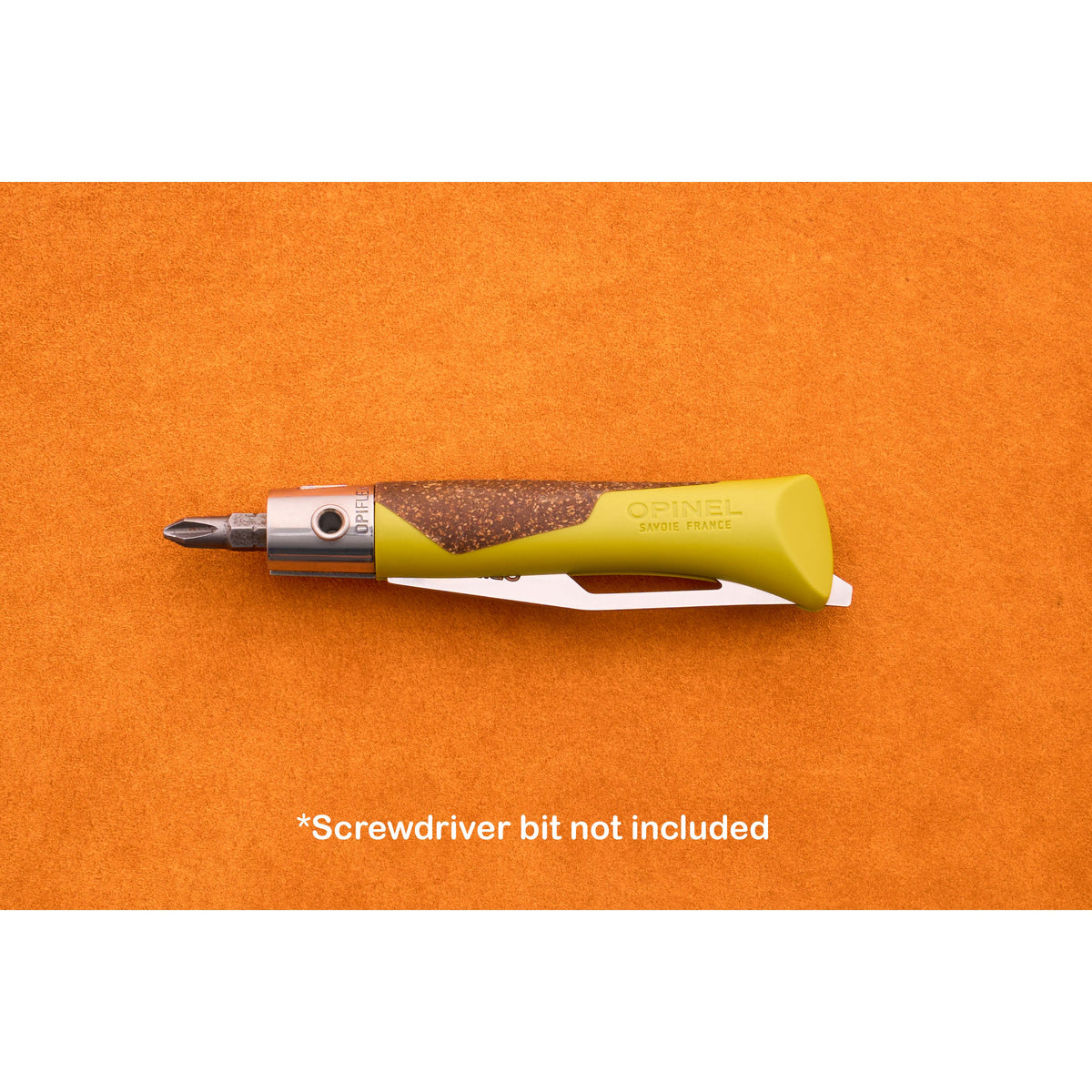 An Opinel Neo 7 Alpine pocket knife multi-tool in yellow and brown is displayed on an orange background, with the caption *Screwdriver bit not included below it.
