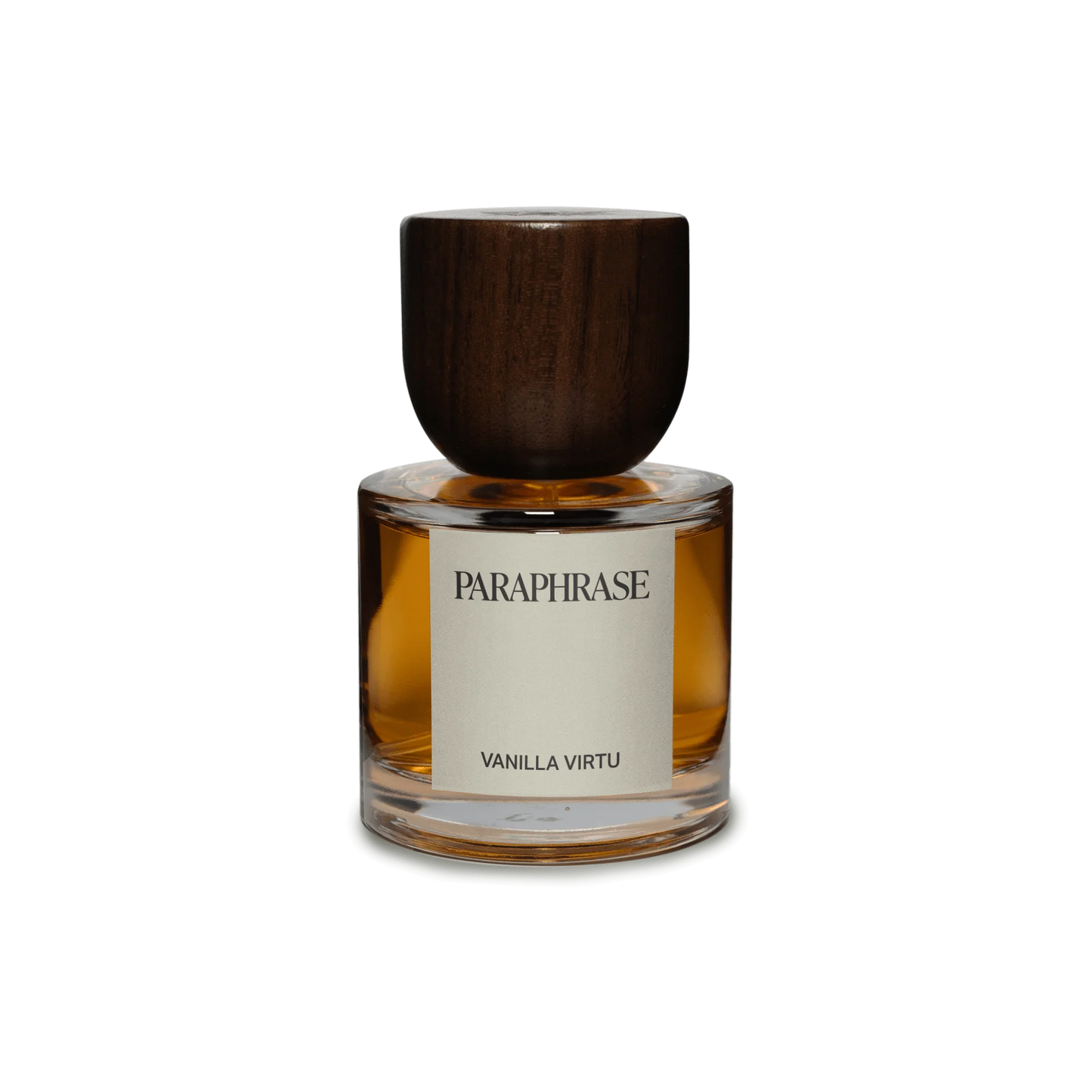 The Paraphrase Vanilla Virtu 50mL Eau de Parfum—a clear glass bottle filled with amber liquid, labeled "PARAPHRASE" with "VANILLA VIRTU" below, and topped by a dark wooden cap—stands elegantly on a white background. This creation comes from an independent perfume house devoted to hand-blended, cruelty-free fragrances.