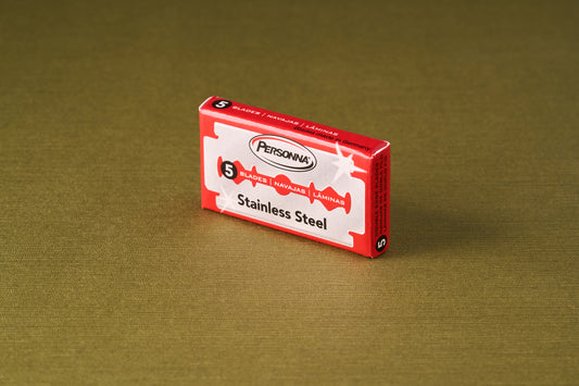 Personna Red Double Edge Safety Razor Blades, Pack of 5, featuring stainless steel blades made in Germany, ideal for classic shaving enthusiasts.