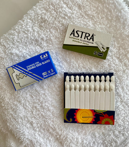 Nolan's All-In-One Shaving Kit with Astra and Kai razor blades, alum aftershave sticks, offering a complete traditional shaving experience.