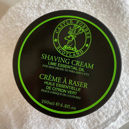 Nolan's All-In-One Shaving Kit features a black Castle Forbes Lime Shaving Cream container, ideal for skin prone to nicks and cuts.