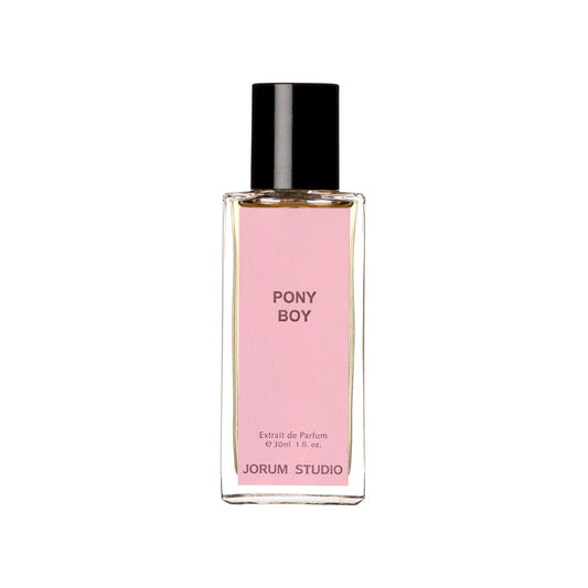 Perfume bottle labeled 'Pony Boy' by Jorum Studio on a white background