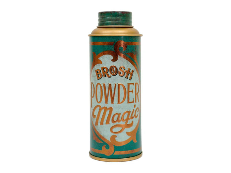 Vintage-style canister labeled 'Brush Powder Magic' on a white background