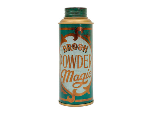 Vintage-style canister labeled 'Brush Powder Magic' on a white background
