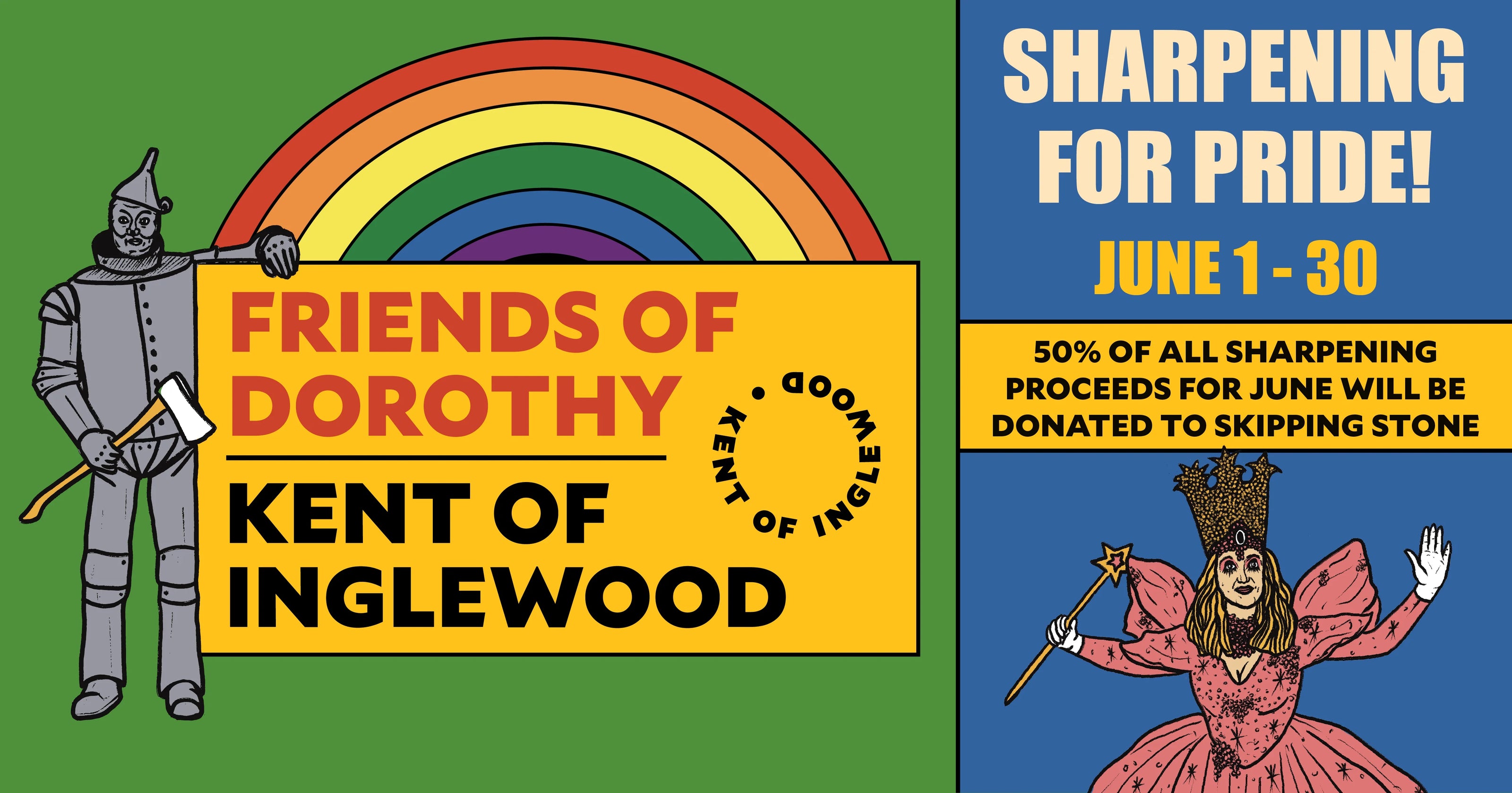 Promotional graphic for 'Friends of Dorothy Kent of Inglewood' event with rainbow and character illustration.