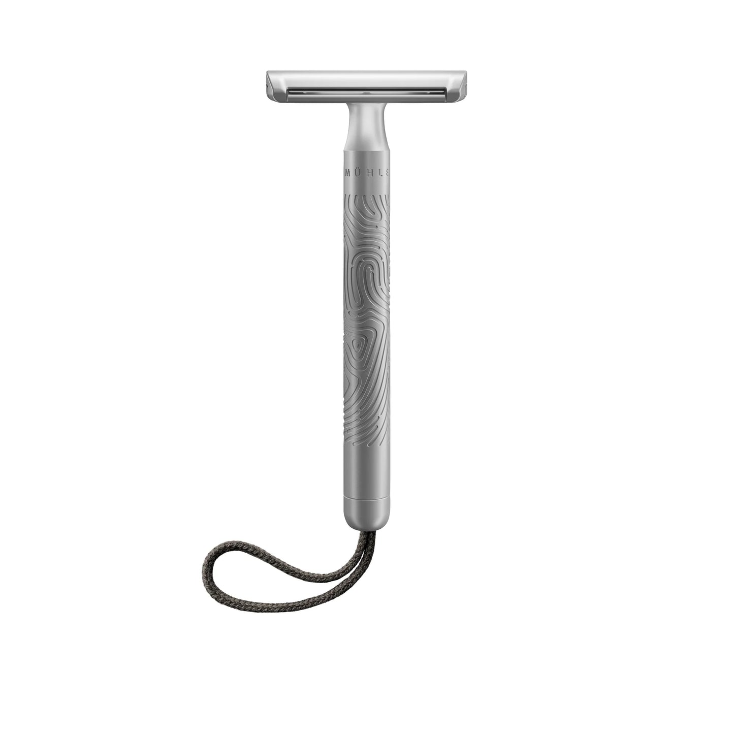 The Mühle Companion Safety Razor is displayed against a white background, showcasing its textured handle, sleek silver PVD-coated finish, and a black braided loop attached at the bottom.