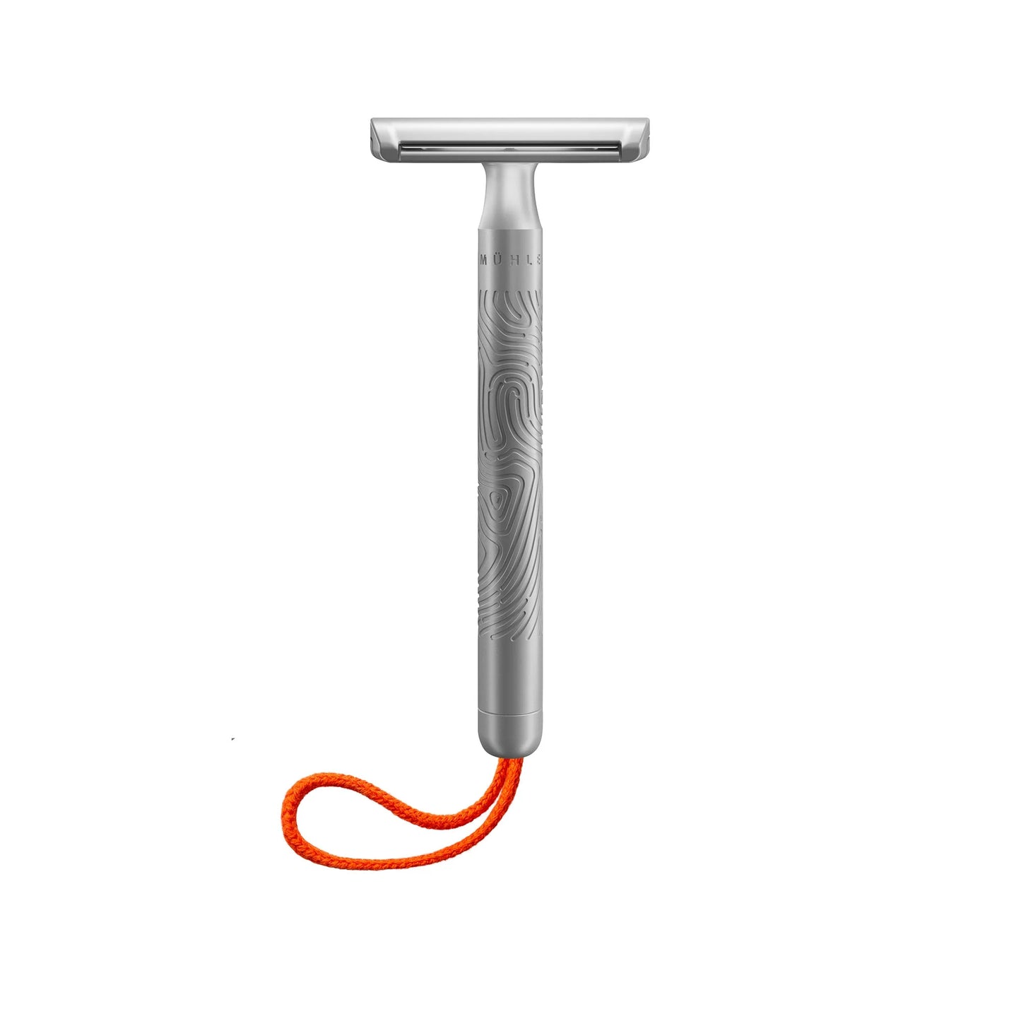 A Mühle Companion Safety Razor featuring a silver engraved handle and an orange cord loop at the bottom, displayed on a white background.