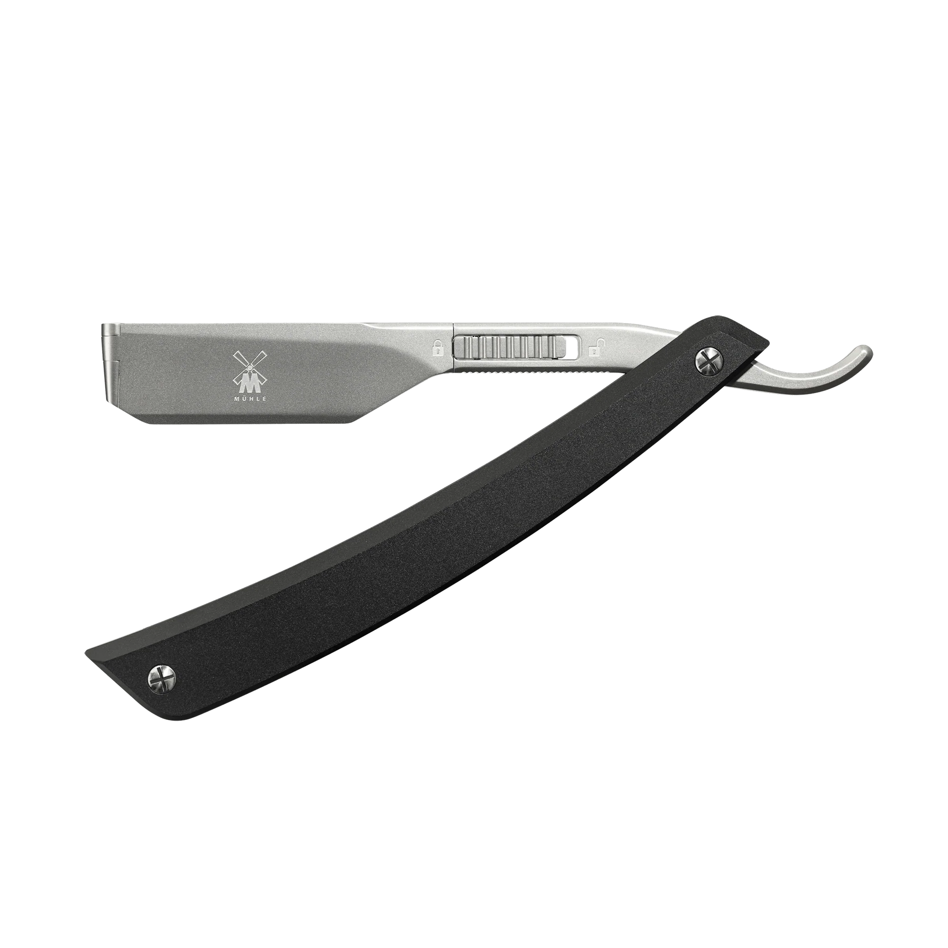 The Mühle Enthusiast Pro Shavette is shown open on a white background, featuring a matte silver 316L surgical steel blade and a black handle.