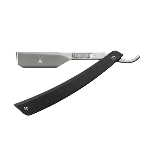 The Mühle Enthusiast Pro Shavette is shown open on a white background, featuring a matte silver 316L surgical steel blade and a black handle.