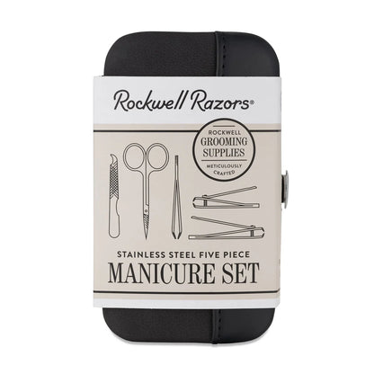 Rockwell Razors Stainless Steel Manicure Set (5 Piece) featuring cuticle pusher, scissors, tweezers, and clippers, elegantly packaged in a compact black carrying case.