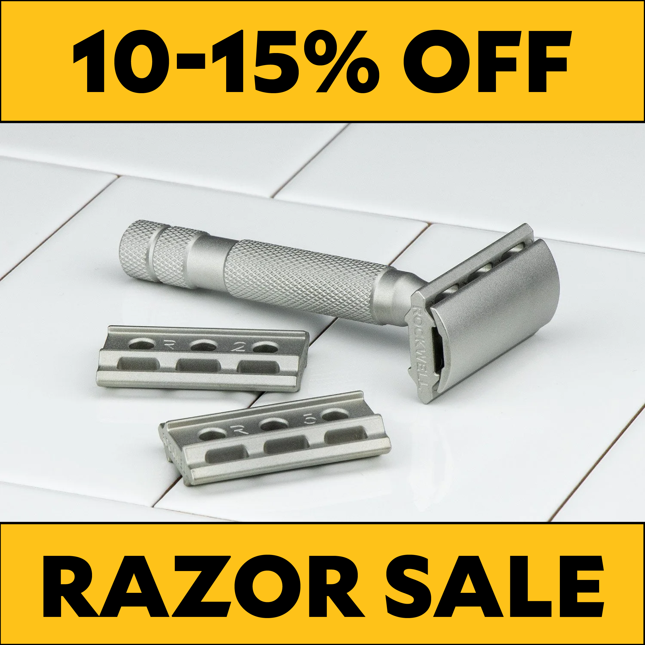 Silver razor and three razor heads on a white background with yellow sale banner at the top and bottom.