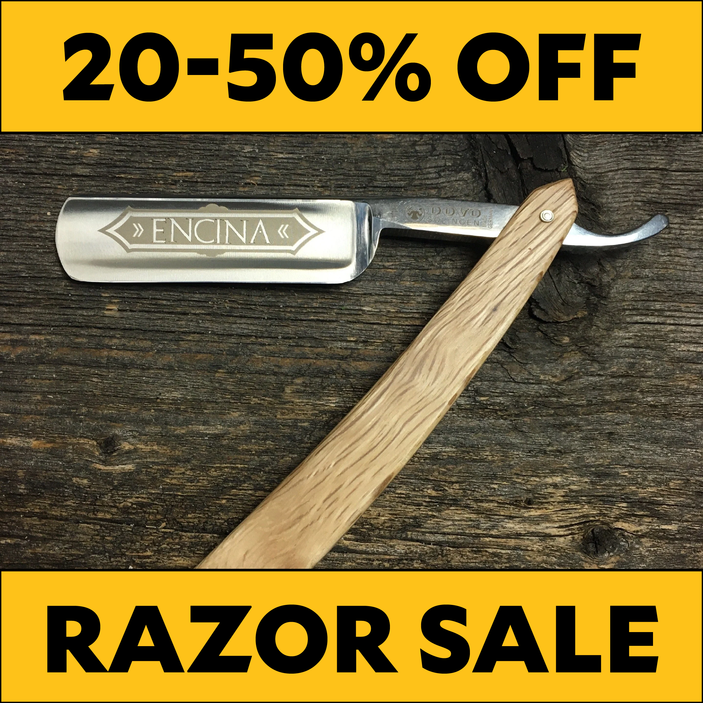 photo of a straight razor with wooden handle on a textured background with graphics that read 20-50% off and razor sale