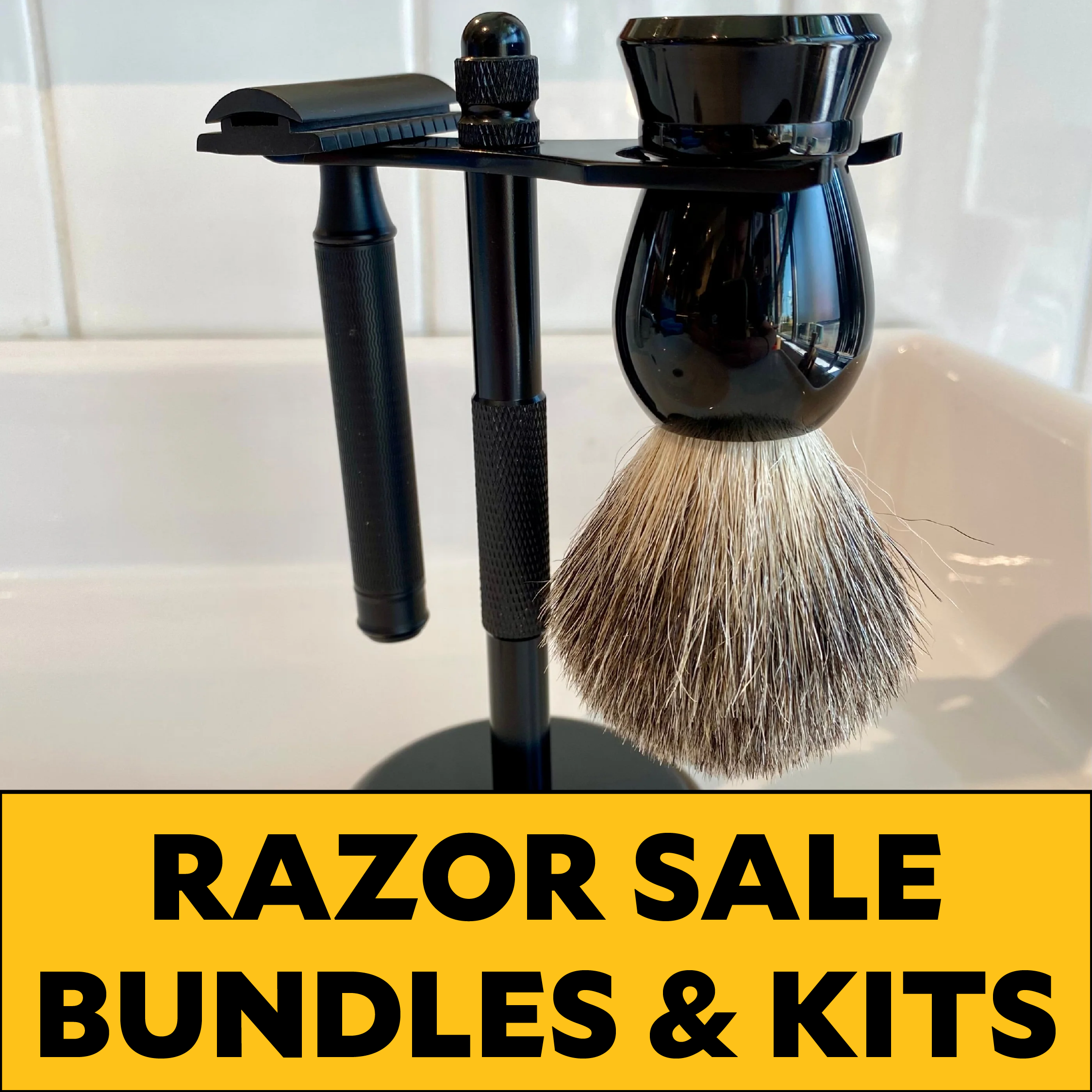 a black razor and brush hanging from a black stand with a white background with yellow sale banner at the bottom.