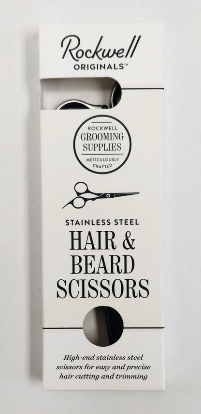 Rockwell Hair and Beard Scissors retail box, showcasing precision grooming scissors with ergonomic design for comfortable, accurate trimming, aligning with classic shaving values.