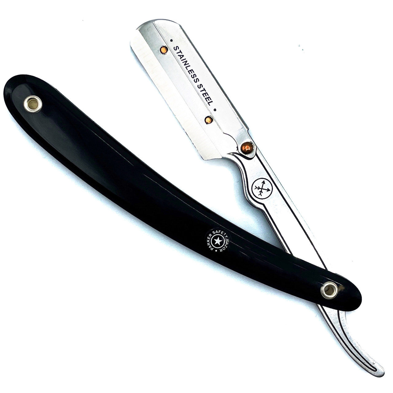 Straight razor with black handle and silver blade on a white background