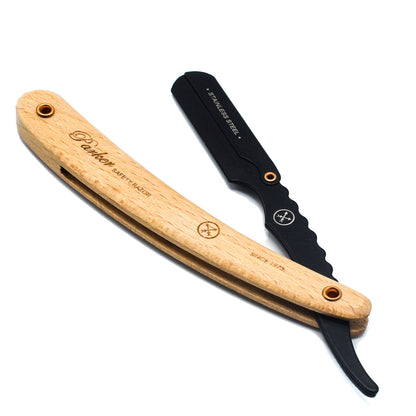 Shaving razor with wooden handle and black blade on a white background