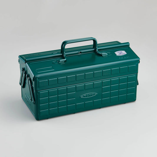 Toyo Cantilever Steel Toolbox - ST-350, a compact metal toolbox with a folding handle and extendable trays, ideal for customizable storage of small tools and accessories.