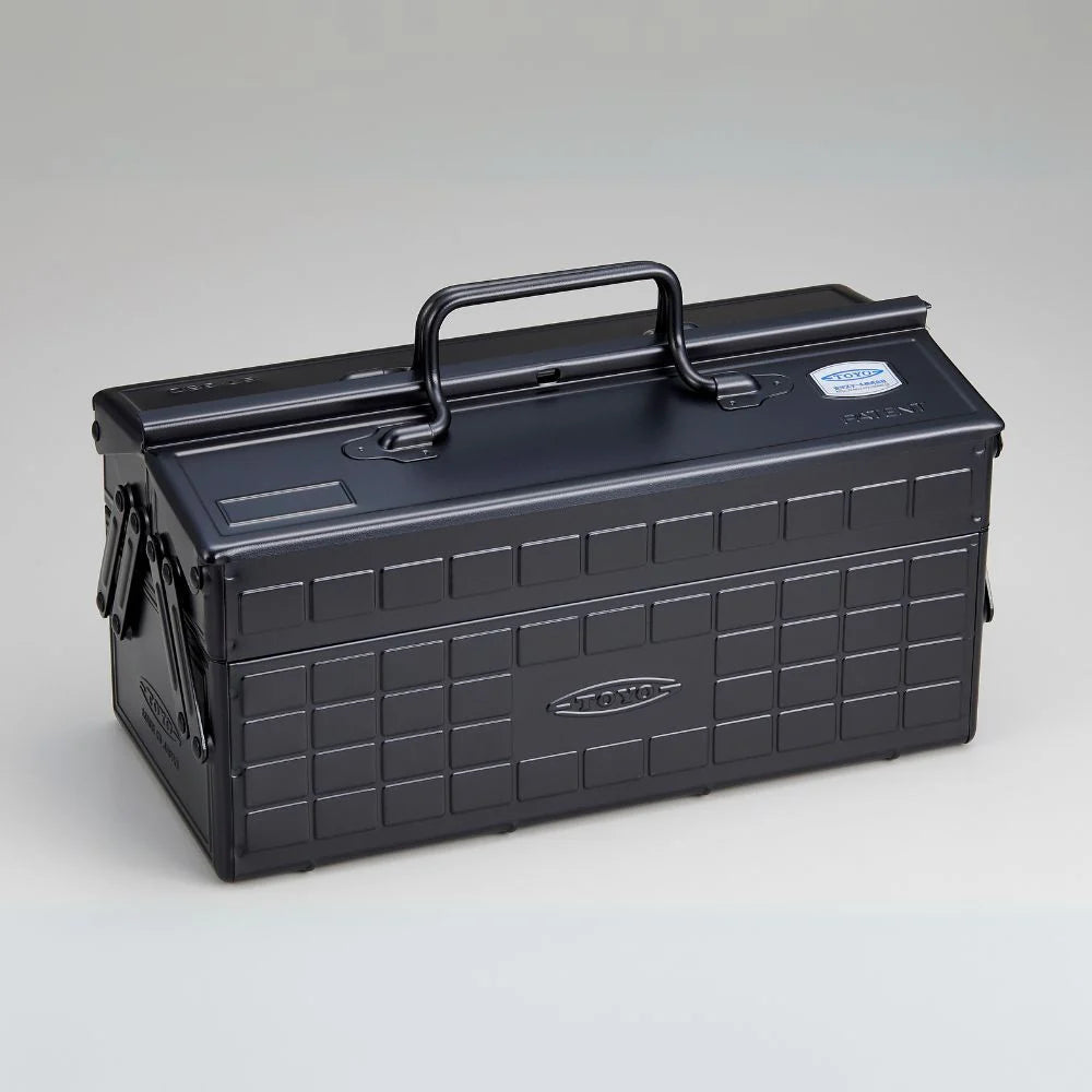 Toyo Cantilever Steel Toolbox - ST-350, features accordion-style opening with customizable trays, ideal for organizing tools, screws, or fishing lures in a compact, lockable case.