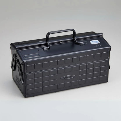 Toyo Cantilever Steel Toolbox - ST-350, features accordion-style opening with customizable trays, ideal for organizing tools, screws, or fishing lures in a compact, lockable case.
