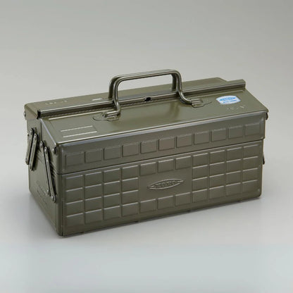 Toyo Cantilever Steel Toolbox - ST-350 featuring a rugged olive green design, fold-out trays with dividers, and embossed logo, ideal for versatile storage.