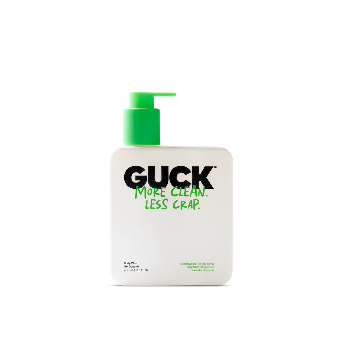 GUCK body wash bottle with green pump on a white background